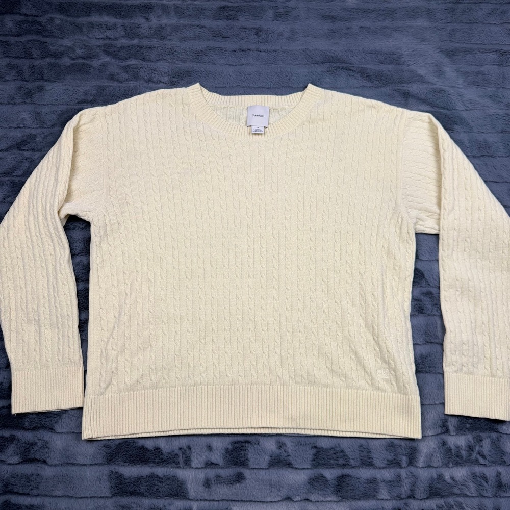 Calvin Klein Cream Cable Knit Sweater Womens Large Ivory Crew Neck 443044S